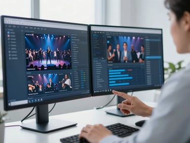 Close-up of a strategist's hands analyzing a live performance marketing dashboard on dual monitors, bright office daylight, cool blue accents, sharp focus.