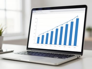 Macro shot of a clean laptop screen showing rising e-commerce sales charts, bright daylight, minimal workspace