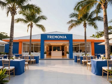 Bright tropical editorial photography, wide-angle shot of a premium event venue in Manila, warm golden hour lighting, clean and professional, 35mm