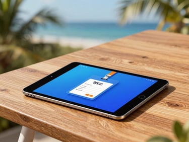 Clean commercial studio lighting of a professional digital tablet displaying a verified badge on a sleek wooden table, vibrant blue and orange accents, sharp focus, 35mm