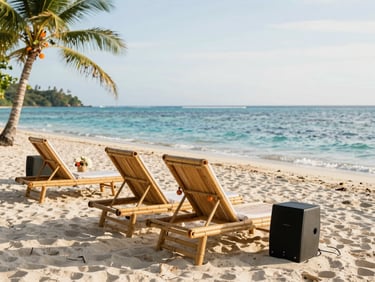 Seaside wedding setup on a beach in Siargao at golden hour, warm natural sunlight, elegant bamboo lounge chairs and weather-resistant audio rigs, sharp focus, 35mm