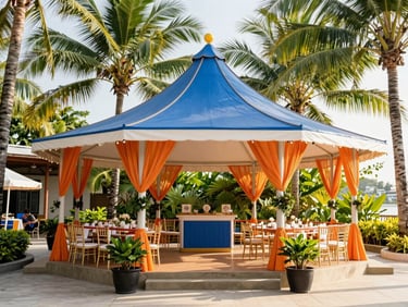 Bright tropical editorial photography of a beautifully set up outdoor event pavilion in Manila, warm natural sunlight filtering through palm trees, sharp focus, 35mm
