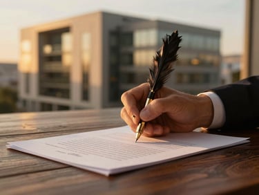 Primer plano de una mano firmando un documento legal con una pluma estilográfica sobre una mesa de madera oscura, con un anillo de oro discreto, iluminación cálida y enfocada.