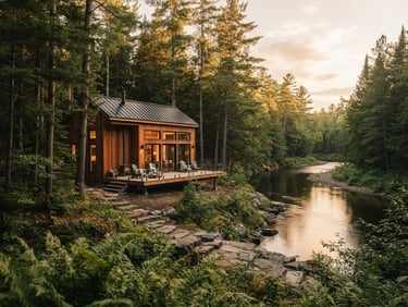 Wide-angle architectural exterior of a modern cedar cabin integrated into a dense pine forest along a quiet river bend, soft golden-hour light, warm editorial photography, 35mm