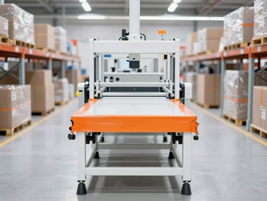 Straight-on shot of a clean industrial warehouse packing station with safety-orange tape, organized boxes, and bright high-key lighting, 35mm