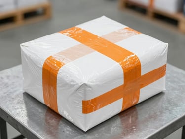 Close-up of a consolidated package sealed with heavy-duty security tape on a cool gray metal table, 35mm