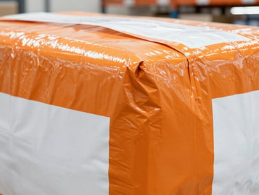 Close-up of a parcel wrapped in bright safety-orange waterproof film under bright warehouse lighting, 35mm