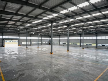 Completed automotive logistics facility, wide overhead angle showing finished warehouse floor and loading bays, steel roof structure, overcast daylight, no people
