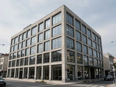 Wide shot of a completed commercial office or retail building exterior, Istanbul urban context, overcast natural light, clean concrete and glass facade, street level perspective showing full building height