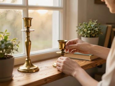 Hands styling a wooden shelf with vintage brass candlesticks, small potted plants, and old books, warm golden hour light, shallow depth of field