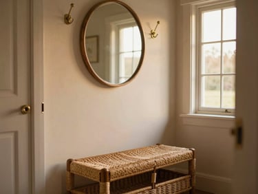 A small cottage entryway with a woven storage bench, brass coat hooks, and a rustic round mirror reflecting warm light, shallow depth of field