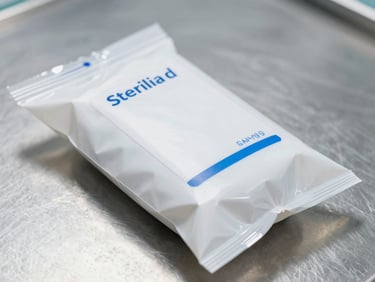 Primer plano de un paquete médico sellado con precinto de seguridad y etiqueta de esterilidad, sobre una superficie de acero inoxidable, luz de estudio brillante, enfoque nítido.
