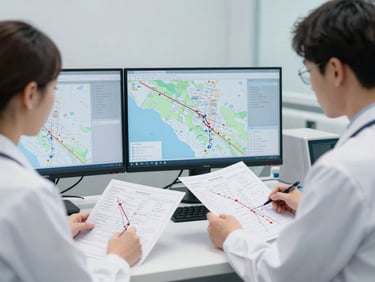 Dos profesionales de logística médica revisando planos de rutas en una oficina limpia, con monitores mostrando mapas y datos, en un ambiente clínico moderno con tonos fríos.