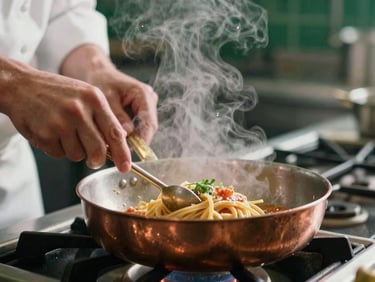 Moody close-up of steam rising from a copper pan in a professional kitchen, chef's hands plating pasta, soft natural side lighting, 35mm