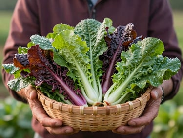 Candid shot of a farmer holding a basket of freshly harvested organic greens in early morning light, dew visible, 35mm