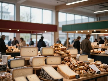 Wide environmental shot of a bustling modern indoor food market, curated cheese and bread displays, scandinavian wood interior, soft daylight, 35mm