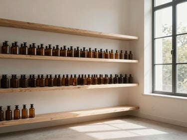 Wide, calm environmental shot of a minimalist botanical consultation space, clean wooden shelves with amber apothecary bottles, soft natural light streaming from a window on the right.