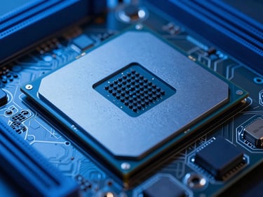 Macro shot of a high-performance computer processor on a motherboard, illuminated by cool cobalt blue light.