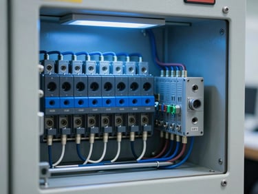 Close-up of industrial automation control panel with clean wiring and precise technical terminals under sharp lighting.
