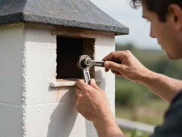 Gros plan technique sur un artisan couvreur ajustant un raccord de zinguerie complexe autour d'une cheminée, gestes précis, outils traditionnels, lumière naturelle du jour.