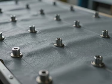 Détail technique d'une membrane d'étanchéité synthétique grise, fixations mécaniques régulières, joint soudé à l'air chaud, rigueur industrielle.