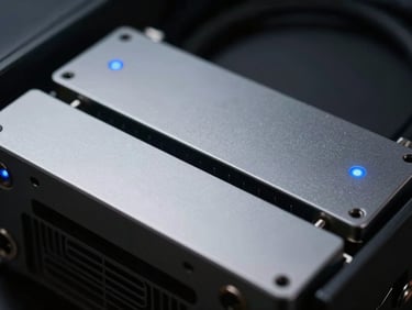 Macro shot of metallic server hardware, cold silver surfaces with subtle blue LED indicators, sharp focus, low-key lighting.