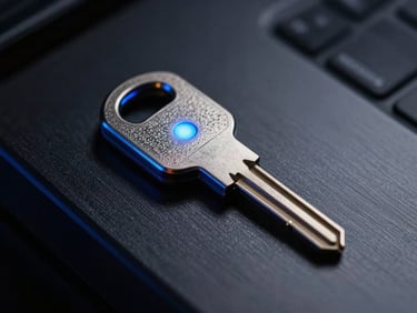 Macro close-up of a sleek metallic hardware security key glowing with a subtle blue indicator light, resting on a dark brushed-metal console, shallow depth of field