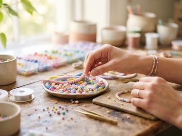 Macro shot of hands selecting vibrant pastel beads at a sunlit wooden workbench, soft natural daylight, shallow depth of field