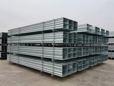 Wide shot of stacked hot dip galvanized H-type scaffolding frames in an outdoor storage yard, overcast daylight, frames arranged in uniform rows showing full profile geometry, no people, grey sky above