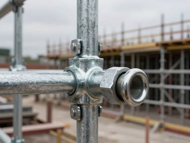 Close-up detail of a galvanized ringlock rosette node and ledger connection on an active construction site, overcast daylight, tight framing showing zinc-coated steel joint and locking wedge, scaffold structure receding into background