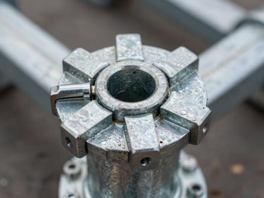 Tight close-up of a hot dip galvanized ringlock rosette node under flat overcast light, four ledger blades locked into the central disc, zinc surface sheen catching diffuse daylight, steel yard visible in background at shallow depth of field