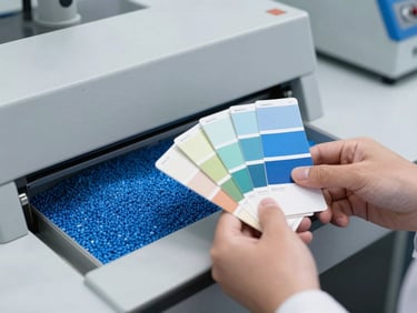 High-precision color-matching laboratory equipment, a technician's hand holding a Pantone swatch next to masterbatch pellets, bright industrial studio light, cool gray and blue tones, sharp focus