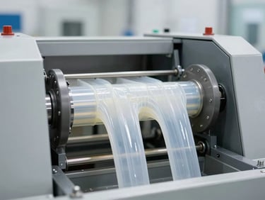 Industrial twin-screw extruder machine in operation, showing molten plastic being processed, clean factory environment, bright neutral lighting