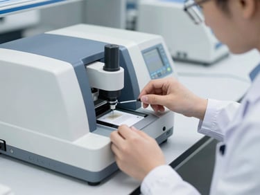 Laboratory technician using a spectrophotometer to measure color consistency of masterbatch samples, clean industrial setting, bright neutral lighting
