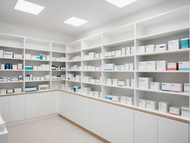 Brightly lit pharmacy interior, organized modular white shelving with timber trim, clean architectural lines, wide perspective