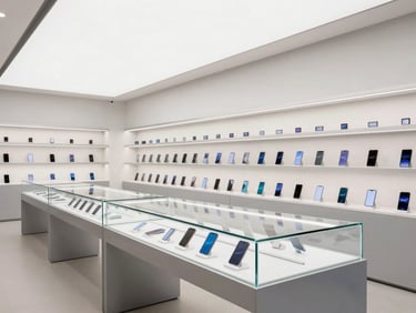 Modern mobile phone retail shop, secure glass display counters, clean minimalist wall shelving, bright architectural lighting