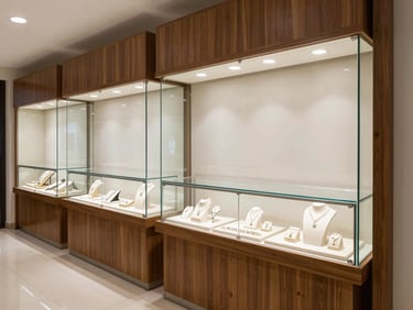 Premium jewelry showroom in Kathmandu, high-security glass cases, focused precision spotlighting, warm timber accents
