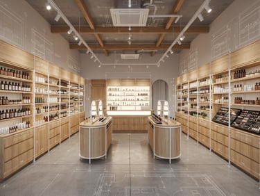 Straight-on architectural render of a modern cosmetic shop layout, bright realistic indoor commercial lighting, technical blueprint lines overlaying warm timber cabinetry, 24mm wide-angle