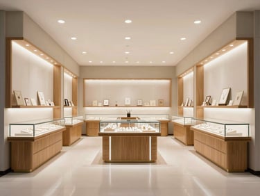 Straight-on architectural view of a luxury jewelry store, custom timber showcases, integrated warm LED lighting, clean floor layout