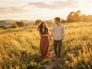 A warm, sun-drenched environmental lifestyle portrait of a couple walking hand-in-hand through a golden meadow, wind-blown hair, backlit by low-angle evening sun, shallow depth of field, 35mm film look.