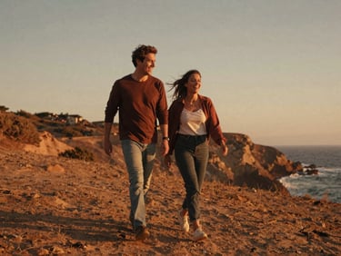 A couple laughing mid-stride on a coastal ridge, wind-blown hair, low-angle golden hour light, warm terracotta tones, 35mm film look.