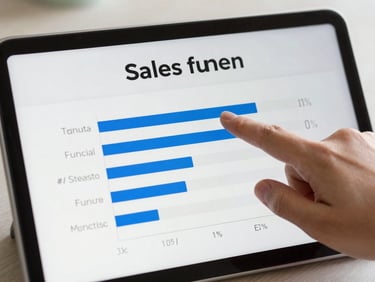 Close-up of a tablet screen displaying a clean digital sales funnel interface, hand pointing to a conversion metric, natural bright light, high contrast