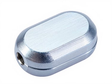 Macro shot of a CNC-machined aluminum earbud housing, bright high-key studio lighting with soft cool-blue ambient bounce and subtle rim highlights, extreme close-up focusing on material textures, clean white backdrop