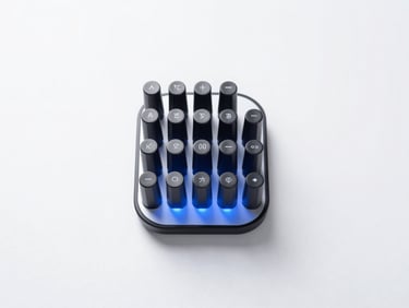 Perfectly centered top-down flat-lay of a tech array featuring a premium weighted charging stand base, bright high-key studio lighting with soft cool-blue ambient bounce, clean white backdrop