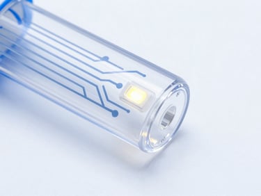 Macro shot of a transparent casing detail showing clean circuit paths and a glowing LED charge indicator, bright high-key studio lighting with soft cool-blue ambient bounce, clean white backdrop