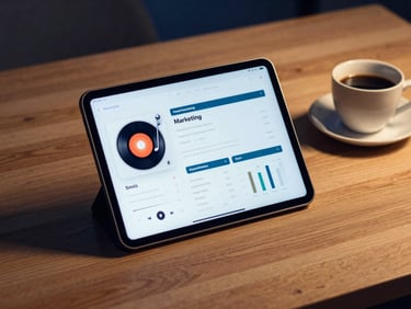 A modern tablet displaying music marketing analytics on a clean wooden desk, coffee cup nearby, warm soft lighting