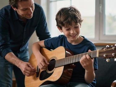 A young student smiling while playing an acoustic guitar, guided by a mentor, warm natural window light, shallow depth of field