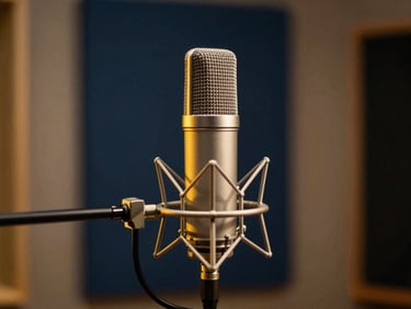 A high-quality condenser microphone in a recording studio booth, warm golden highlight accents, soft blurred background