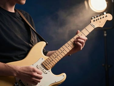 Close-up of hands playing a vintage electric guitar under dramatic warm studio spotlight, soft smoke, deep navy background, professional 35mm.