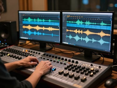 Hands editing audio waveforms on a large dual-monitor setup in a professional recording studio, warm ambient lighting